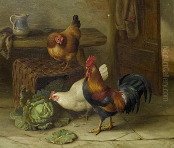 Chickens And A Cabbage (+ Chickens And Chicks In A Barn; Pair) Oil Painting by Edgar Hunt