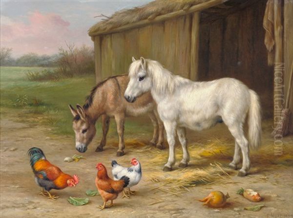 Farmyard Scene With A Pony, Donkey And Chickens Oil Painting by Edgar Hunt