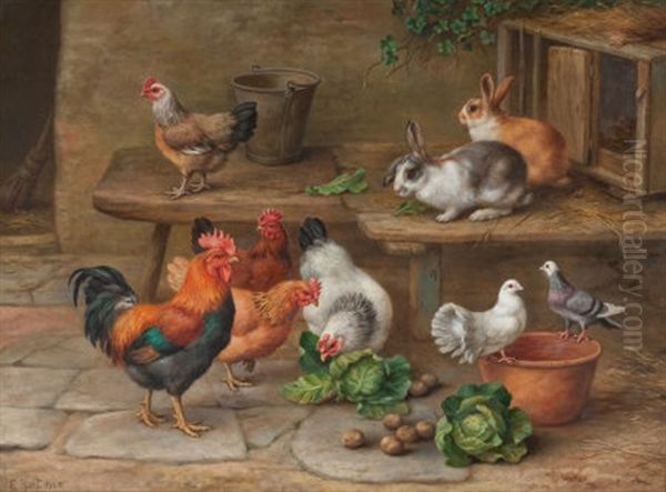 Rabbits, Chickens, And Pigeons Oil Painting by Edgar Hunt