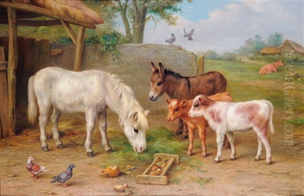 Denizens Of The Farm, Pony, Donkey, Calves And Pigeons Feeding Beside A Barn Oil Painting by Edgar Hunt