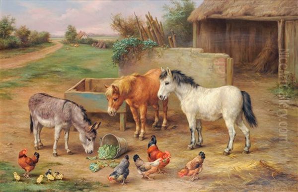 A Donkey, Ponies And Poultry In A Farmyard Oil Painting by Edgar Hunt