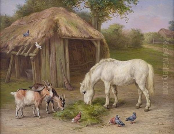 Pony And Goats In A Farmyard Oil Painting by Edgar Hunt