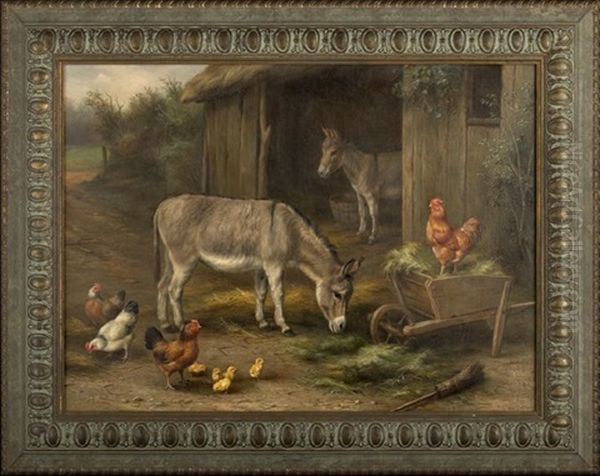 Farmyard Scene With Donkeys, Chickens And Chicks by Edgar Hunt