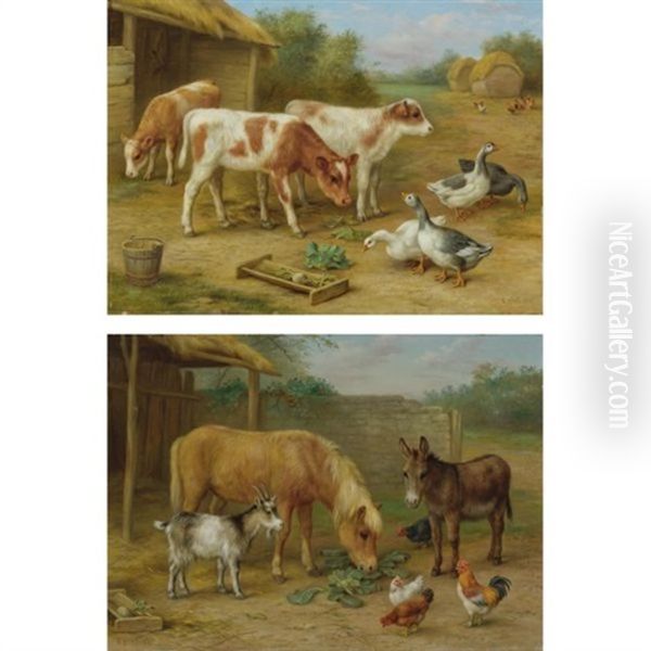 Calves And Geese (+ A Pony, Donkey, Goat And Chickens; 2 Works) Oil Painting by Edgar Hunt