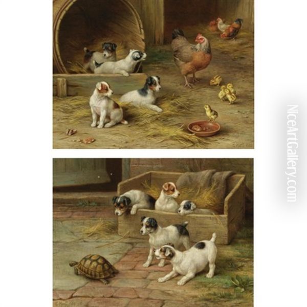 Puppies And Chickens (+ Puppies And A Tortoise; 2 Works) Oil Painting by Edgar Hunt