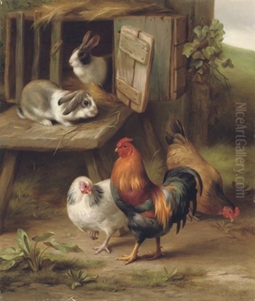 Hens And A Cockerel With Rabbits Oil Painting by Edgar Hunt