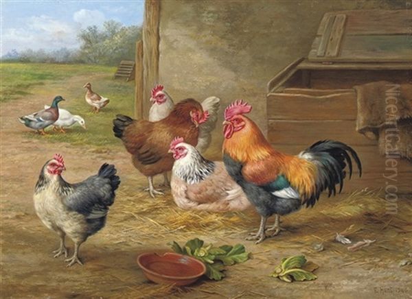 A Cockerel And Hens Oil Painting by Edgar Hunt