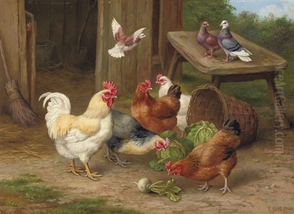 Chickens And Pigeons Oil Painting by Edgar Hunt