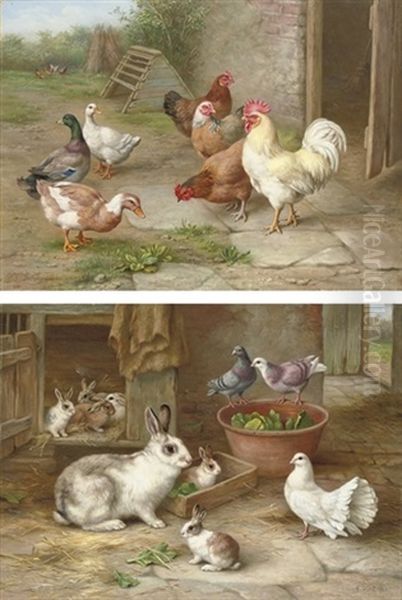 Pecking Order (+ By The Rabbit Hutch; Pair) Oil Painting by Edgar Hunt