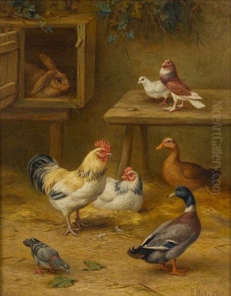 Chickens, Ducks, Pigeons And A Rabbit In A Yard Oil Painting by Edgar Hunt