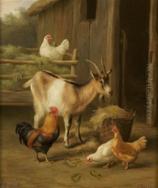 A Goat And Chickens Outside A Barn Oil Painting by Edgar Hunt