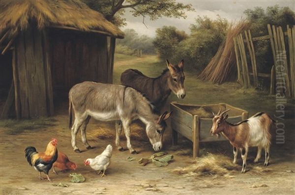 A Farmyard With Donkeys, A Goat And Chickens Oil Painting by Edgar Hunt