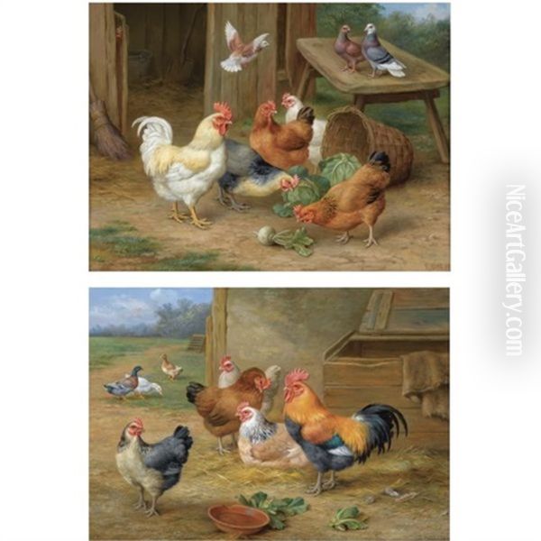 The Pecking Order (+ King Of The Roost; Pair) Oil Painting by Edgar Hunt