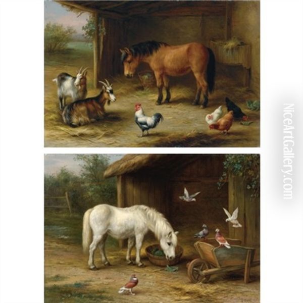 A Horse With Pigeons At Feeding Time (+ A Pony With Goats And Chickens In A Barn; Pair) Oil Painting by Edgar Hunt