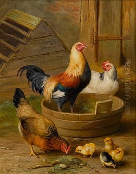 Chickens And Chicks In A Farmyard Oil Painting by Edgar Hunt