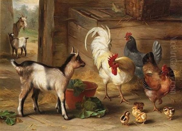 Goats, Chickens And Chicks In A Barn Oil Painting by Edgar Hunt