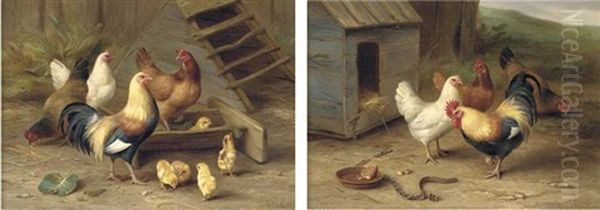 Chickens Intrigued By A Dog Biscuit (+ Chickens And Chicks Feeding; 2 Works) Oil Painting by Edgar Hunt