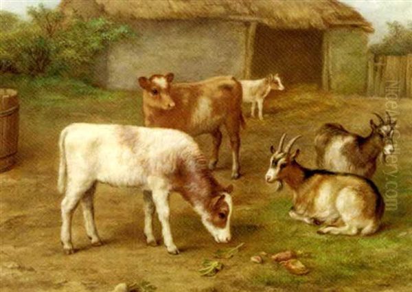 Calves And Goats In A Barnyard Oil Painting by Edgar Hunt