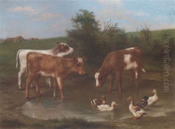 Calves And Ducks By A Pond Oil Painting by Edgar Hunt