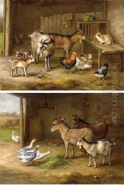 Goats, A Rabbit And Chickens In A Barn Oil Painting by Edgar Hunt