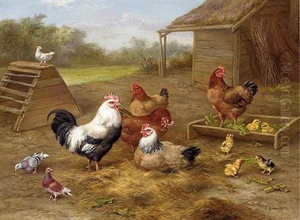 A Cockerel, Chickens And Doves Outside A Barn, With Chicks Playing With A Pea Pod Oil Painting by Edgar Hunt