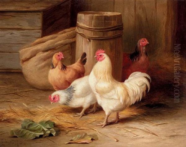 A Cockerell And Chickens Oil Painting by Edgar Hunt