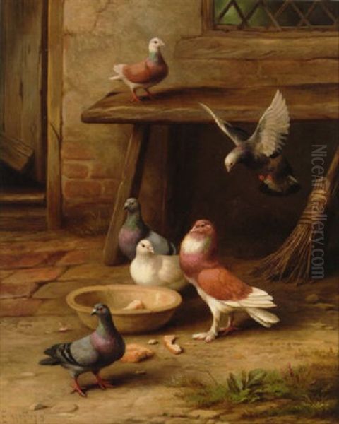 Pigeons And Doves Outside A Cottage Door Oil Painting by Edgar Hunt