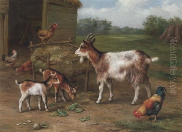 A Mother Goat With Her Kids Oil Painting by Edgar Hunt