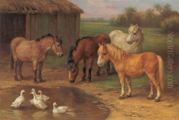 Ponies And Geese At A Pond by Edgar Hunt