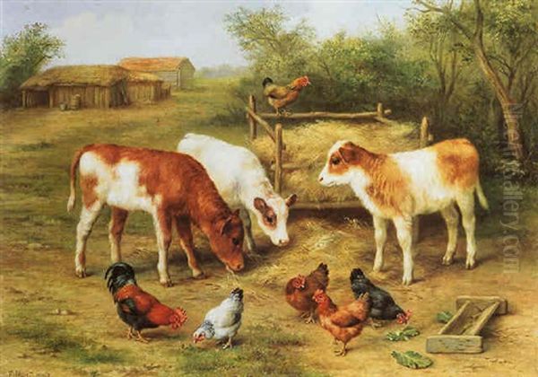 Calves And Chickens Feeding In A Farmyard Oil Painting by Edgar Hunt