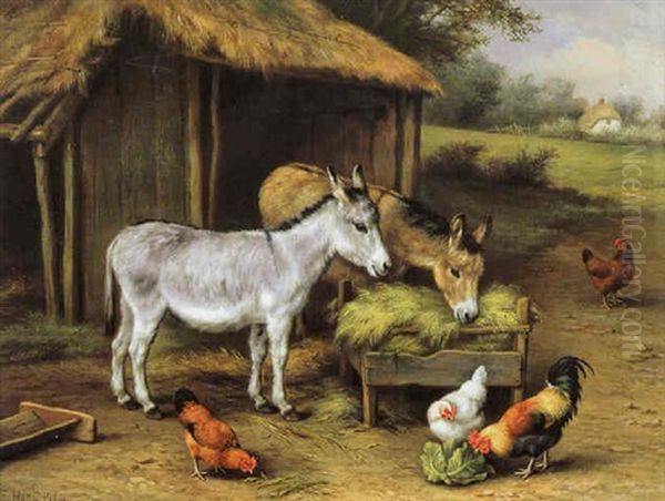 Chickens And Donkeys Feeding Outside A Barn Oil Painting by Edgar Hunt