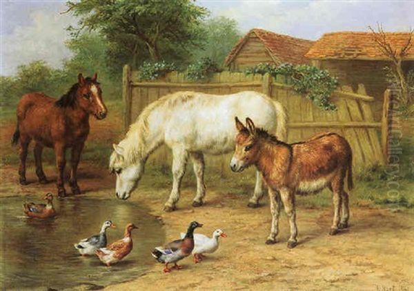 Ponies, Donkey And Ducks In A Farmyard Oil Painting by Edgar Hunt