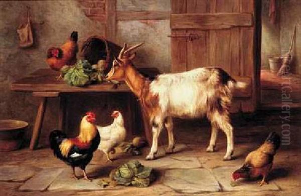 Goat And Chickens Feeding In A Cottage Interior Oil Painting by Edgar Hunt