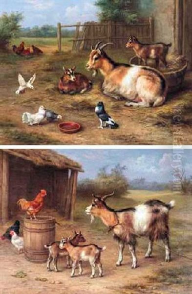 A Farmyard Scene With Goats, Chickens, Doves And Pigeons Oil Painting by Edgar Hunt