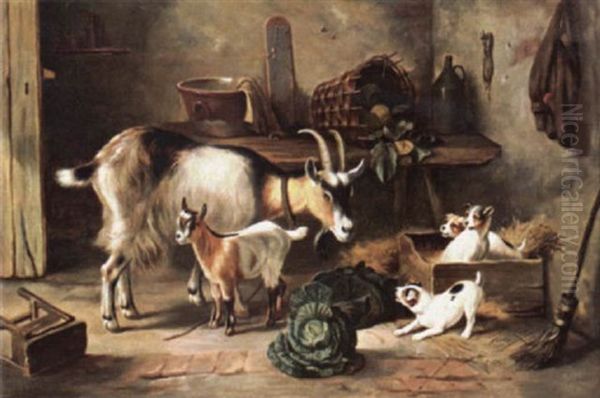 Goats And Puppies In A Farm Kitchen Oil Painting by Edgar Hunt