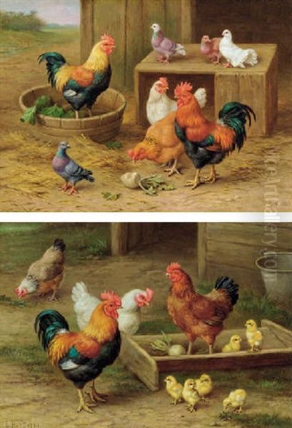 Cockerels, Hens And Doves In A Farmyard (+ Cockerels, Hens And Chicks In A Farmyard; Pair) Oil Painting by Edgar Hunt