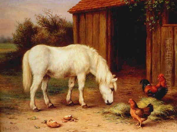 Pony And Poultry Before A Barn Oil Painting by Edgar Hunt