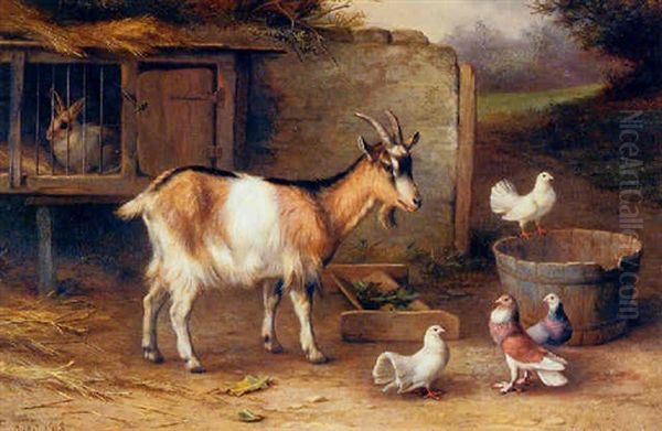 A Farmyard With A Goat, A Rabbit, Two Doves And Pigeons by Edgar Hunt