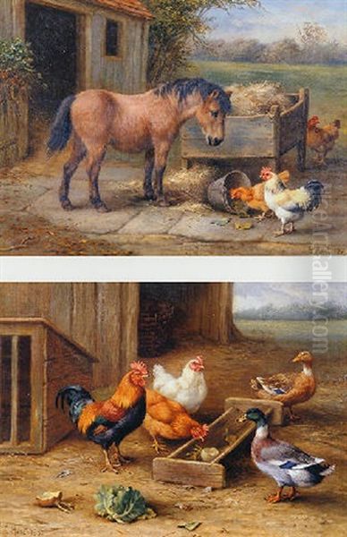 A Pony And Chickens By A Manger Oil Painting by Edgar Hunt