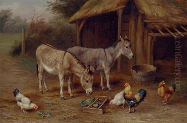 Donkeys, A Cockerel And Chickens By A Stable by Edgar Hunt