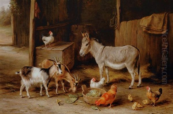 A Donkey, Two Goats, Chickens And Chicks Oil Painting by Edgar Hunt