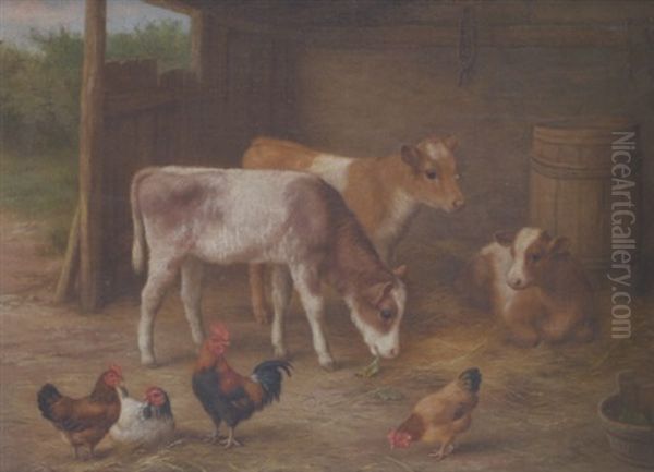 Calves And Chickens In A Stable Interior Oil Painting by Edgar Hunt