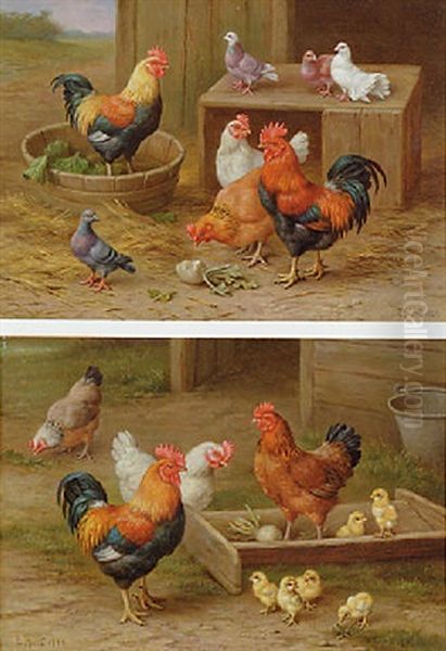 Cockerels, Hens And Doves In A Farmyard Oil Painting by Edgar Hunt