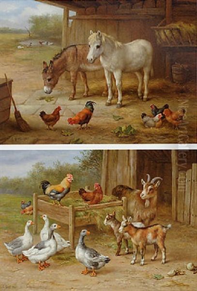 Ponies And Chickens In A Stable With Ducks Beyond Oil Painting by Edgar Hunt