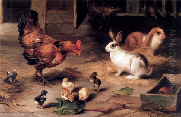 A Hen With Her Chicks And Two Rabbits In A Stable Oil Painting by Edgar Hunt