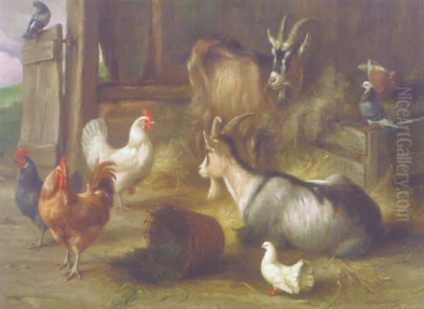 Chickens, Goats And Pigeons In A Barn Oil Painting by Edgar Hunt