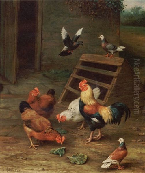 Chickens And Pigeons In A Yard Oil Painting by Edgar Hunt