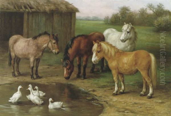 Ponies By A Pond Oil Painting by Edgar Hunt