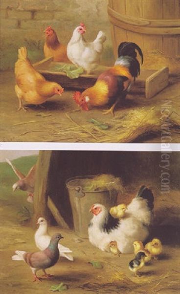 A Cockerell And Hens Oil Painting by Edgar Hunt