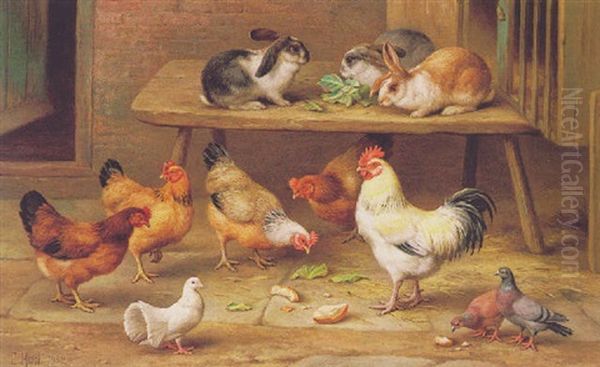 Chickens And Rabbits By The Hutches Oil Painting by Edgar Hunt